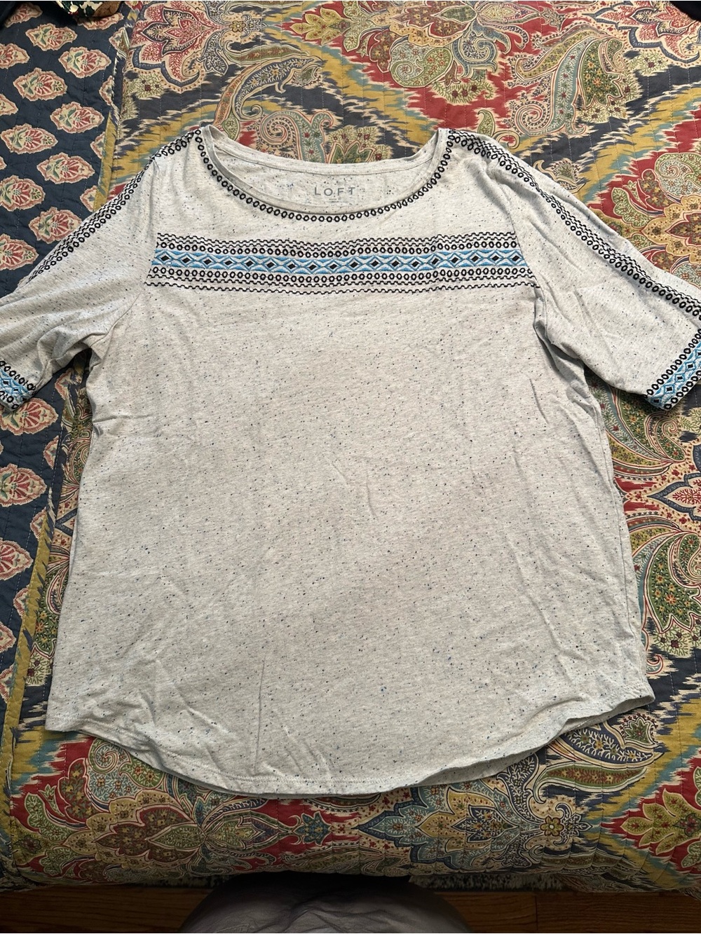 LOFT Gray Speckled Embroidered Top Size XL